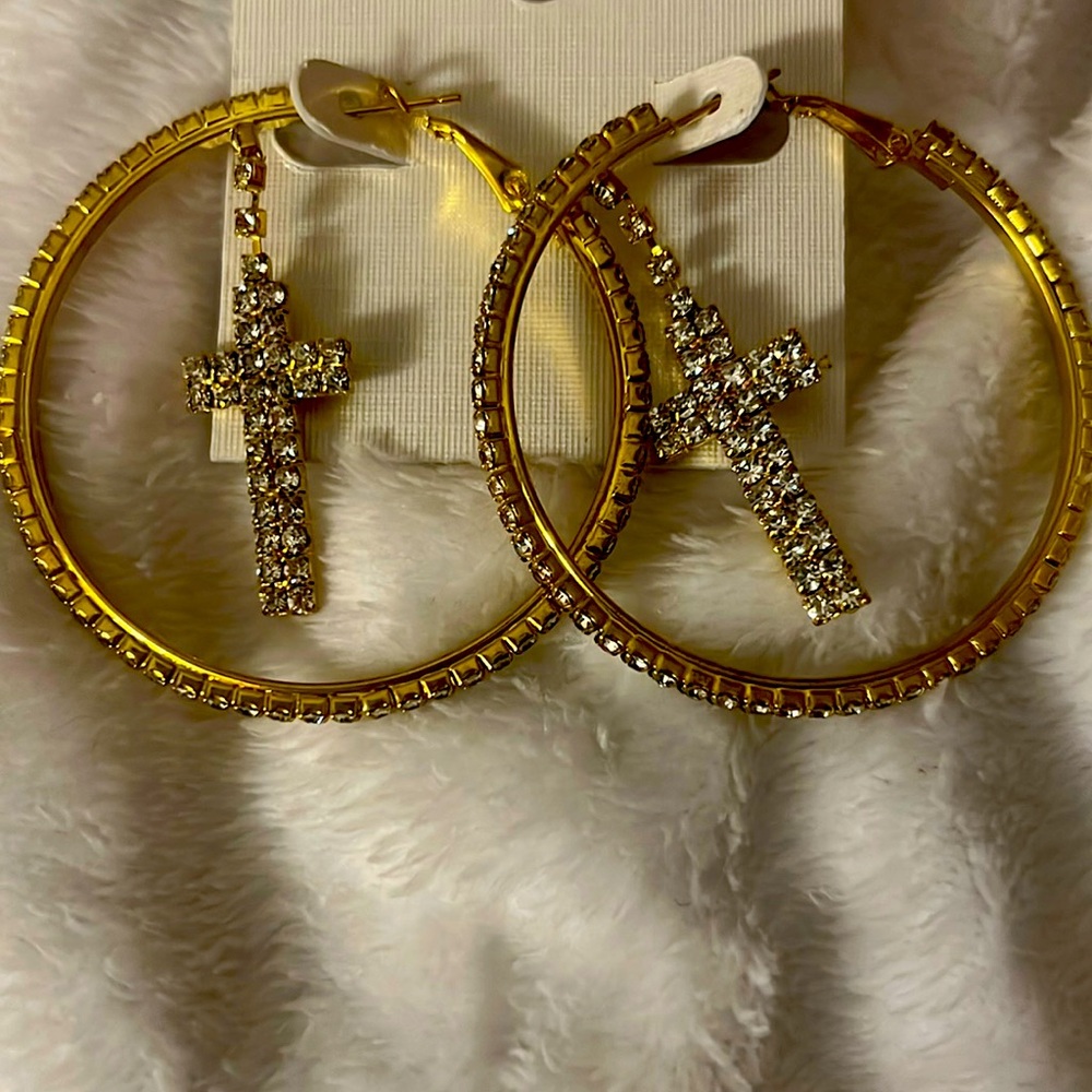 Gold tone cross hoop earrings